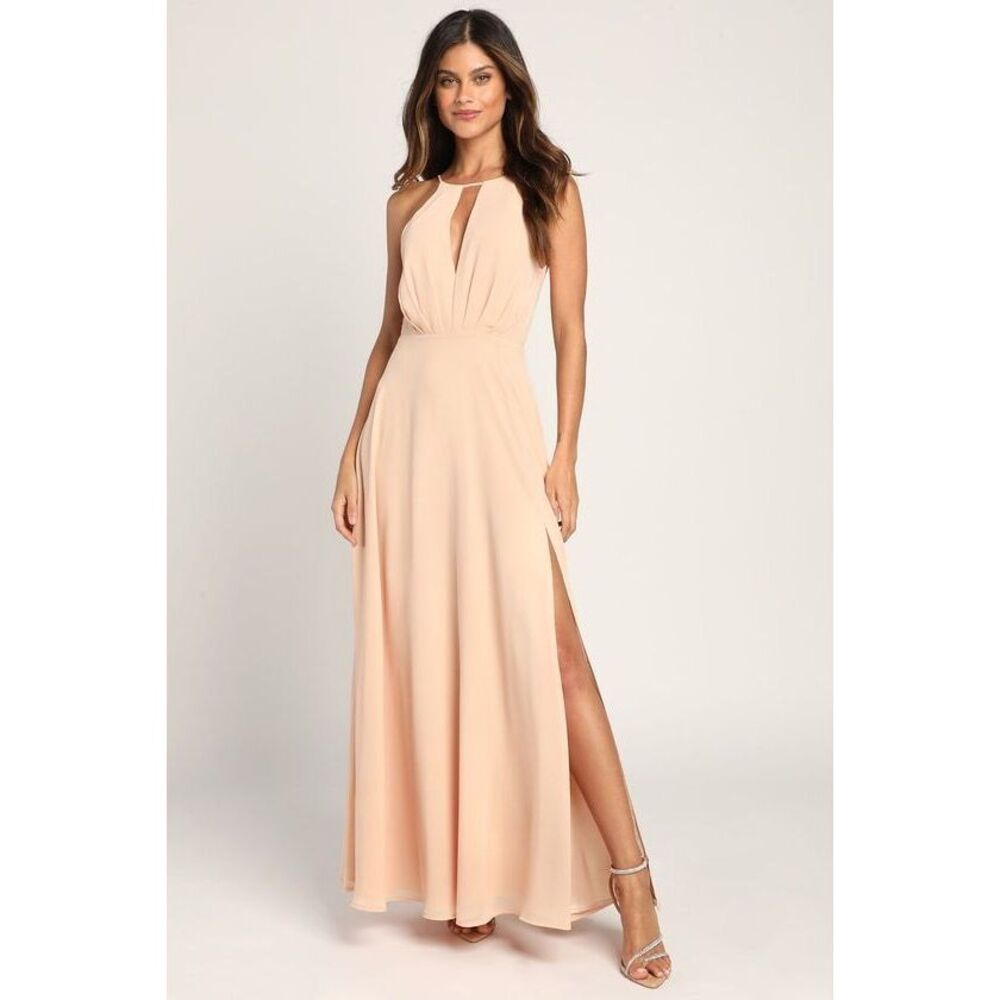 Lulus Aim For Amour Champagne Halter Neck Chiffon Maxi Dress Pink - Size XL